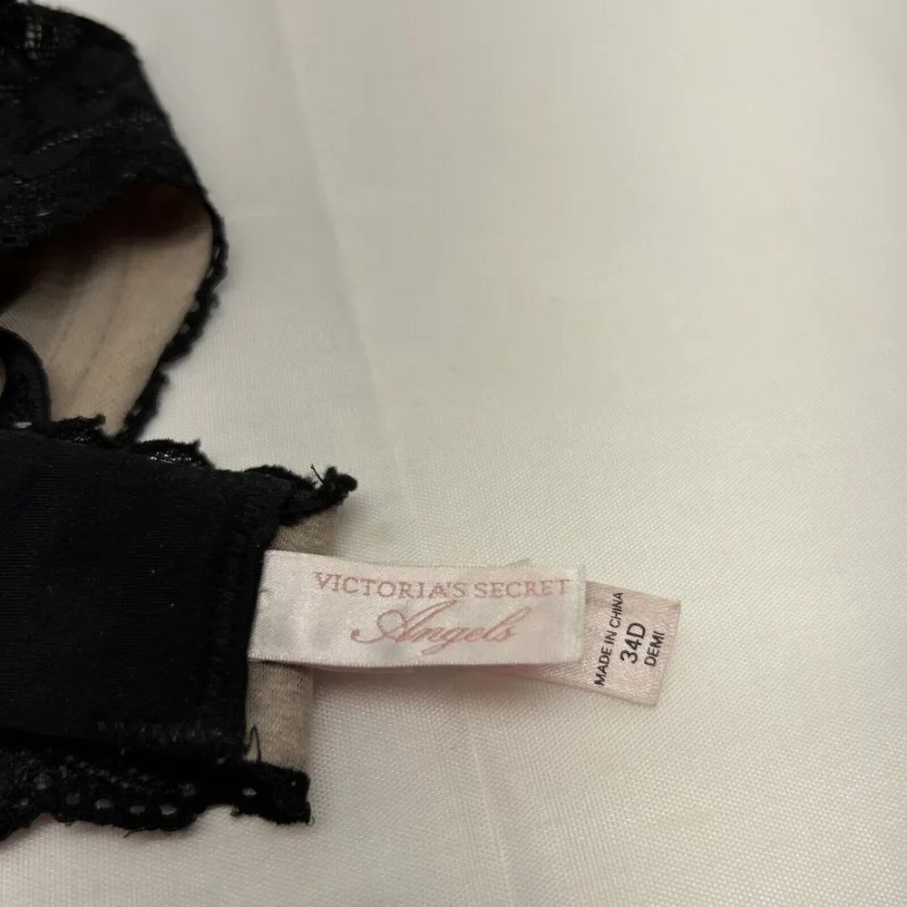 Victoria's Secret Angels Bra Black Lace Semi-Sheer Lightly Lined 34D - Picture 6 of 8
